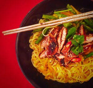 Thai Green Butternut Squash Laksa with Honey & Sesame Seed Chicken