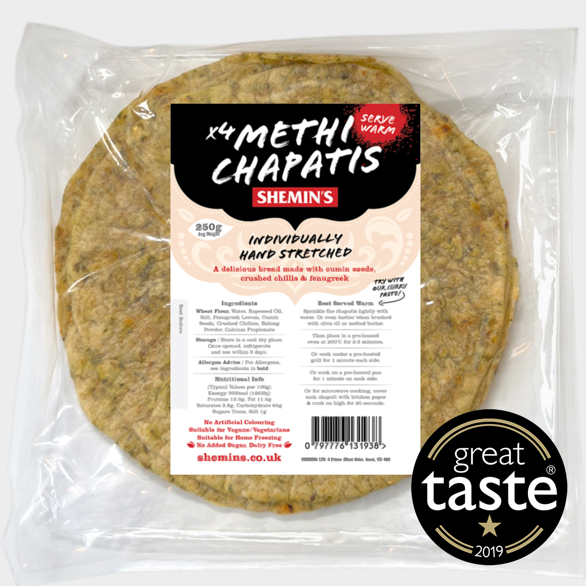 Shemin’s Methi Chapatis product pack with Great Taste award badge
