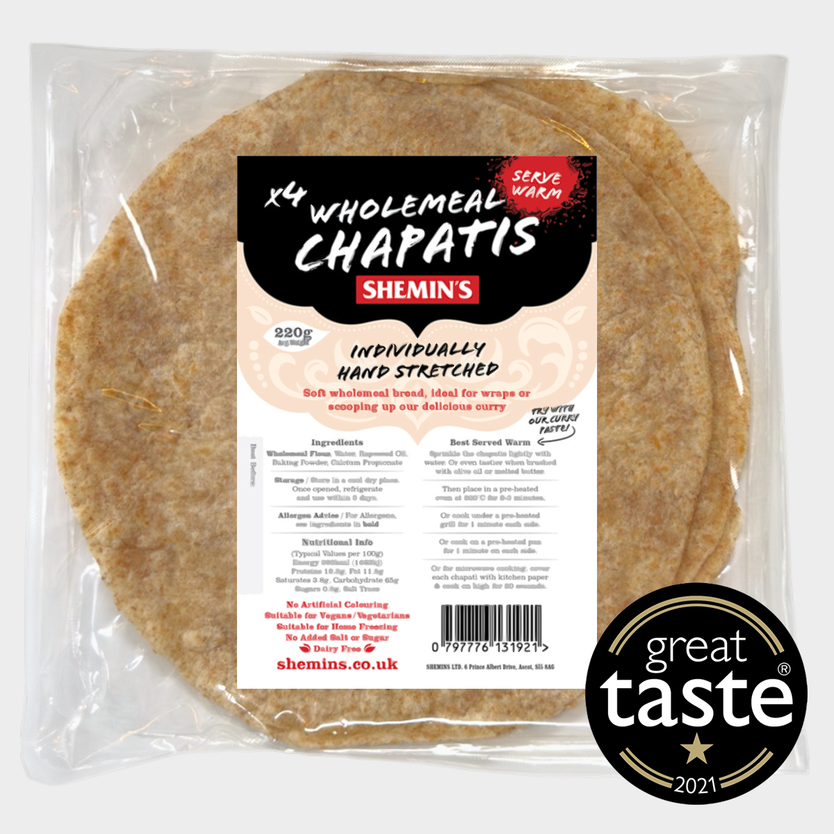 Shemin’s Wholemeal Chapatis pack with Great Taste award badge