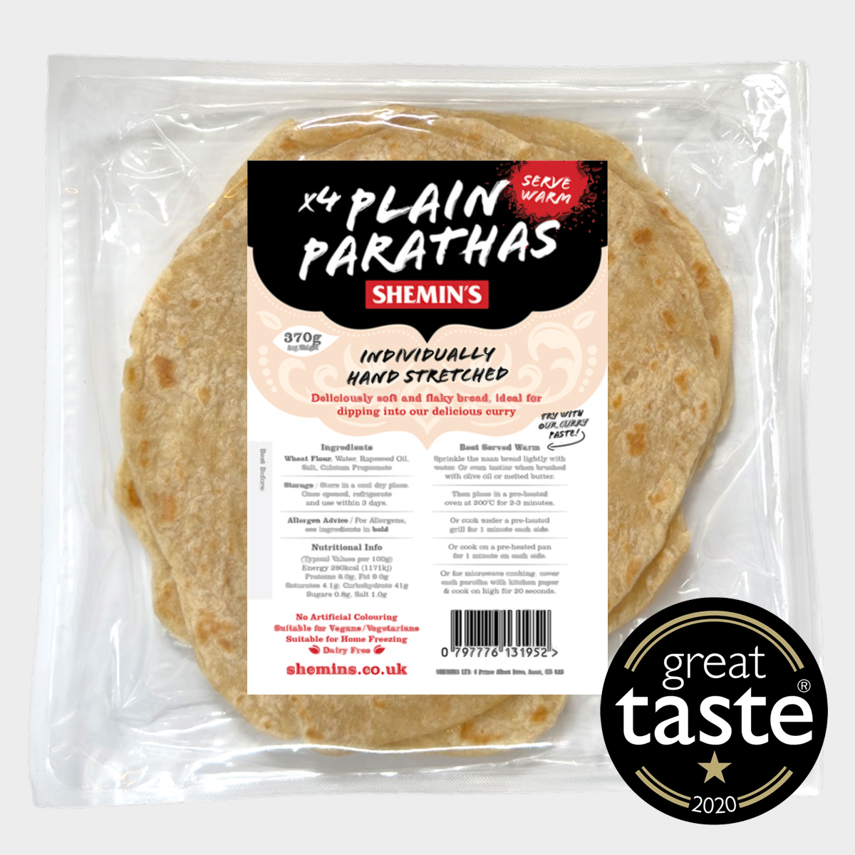 Shemin’s Plain Parathas pack with Great Taste award badge