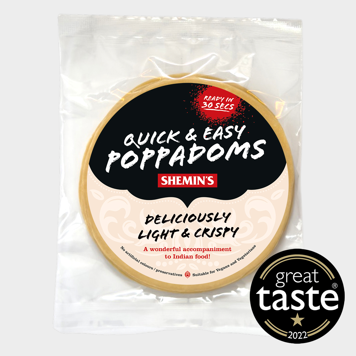 Shemin’s Poppadoms pack with Great Taste award badge