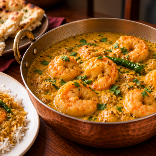 SHEMINS Bengali prawn curry, rice and naan