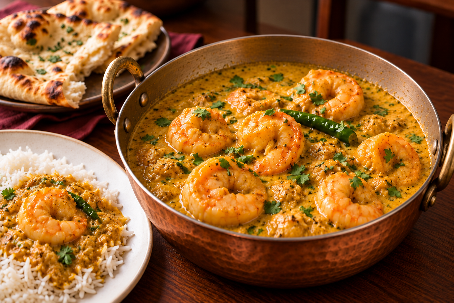 SHEMINS Bengali prawn curry, rice and naan